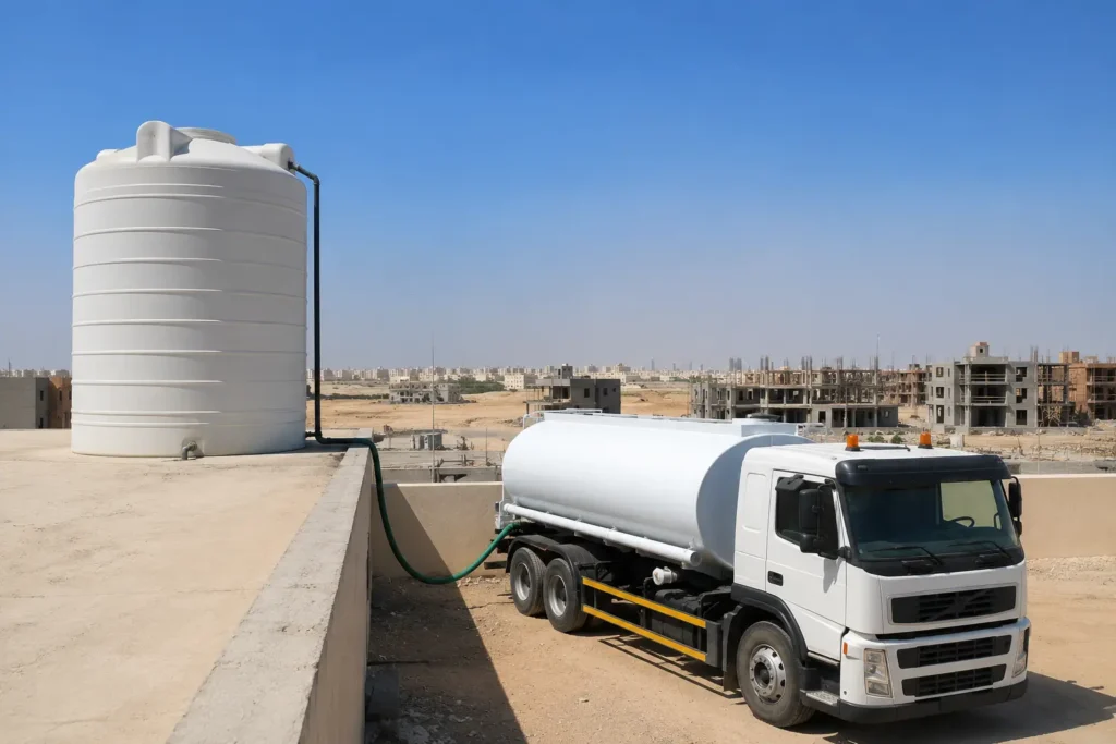 Water tanker truck and driver ready for site delivery in the UAE