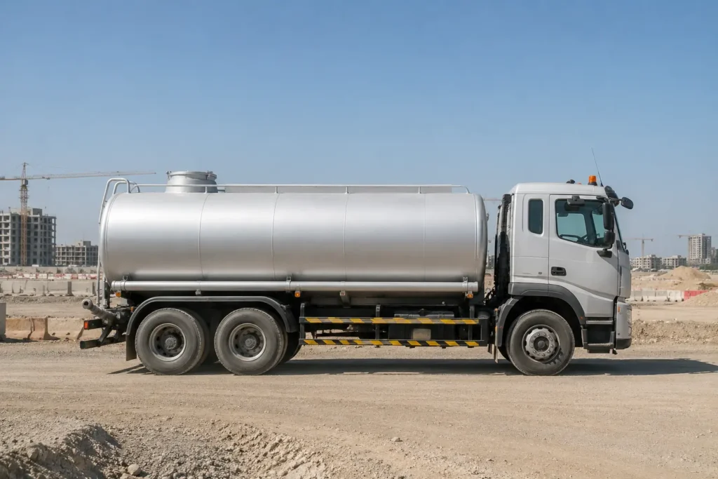 Water tanker truck delivering water supply on UAE construction site road