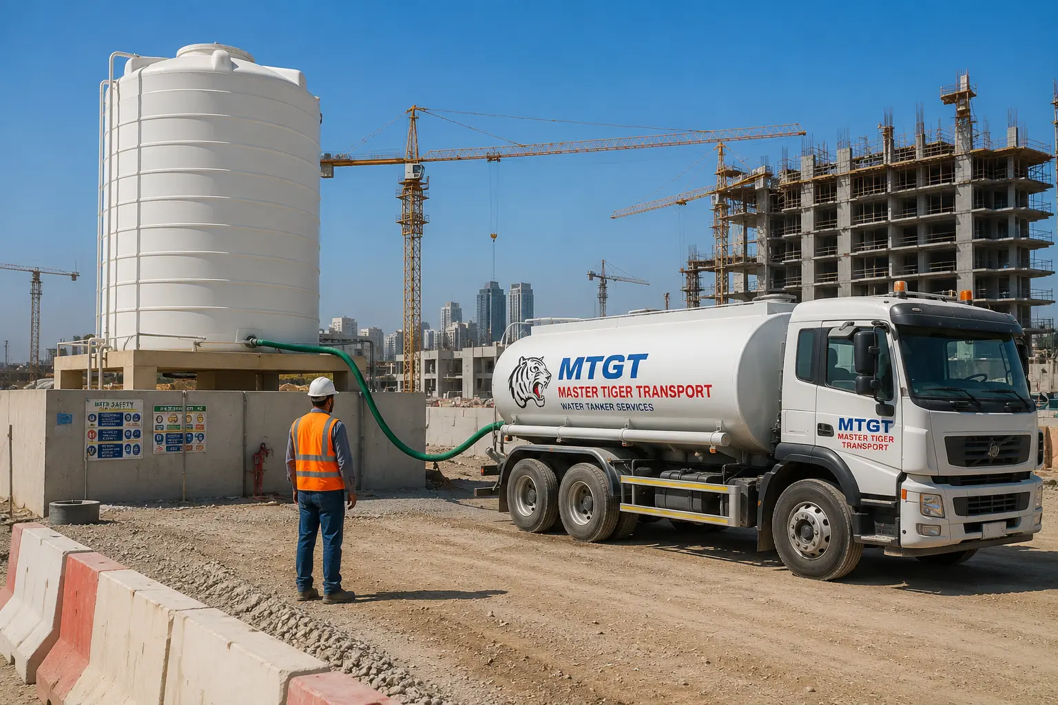 Water tank on rooftop next to water tanker truck at UAE construction site