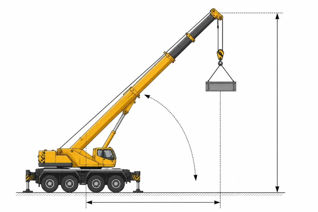 Mobile crane lift radius and boom height diagram