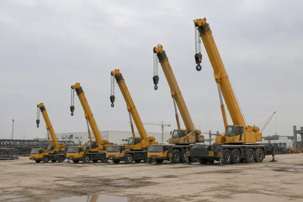 Mobile crane fleet showing different tonnage sizes 25 to 200 ton