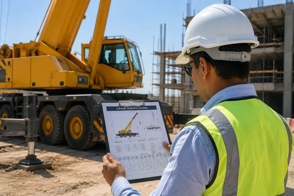 Site supervisor reviewing crane lift specifications for Abu Dhabi project