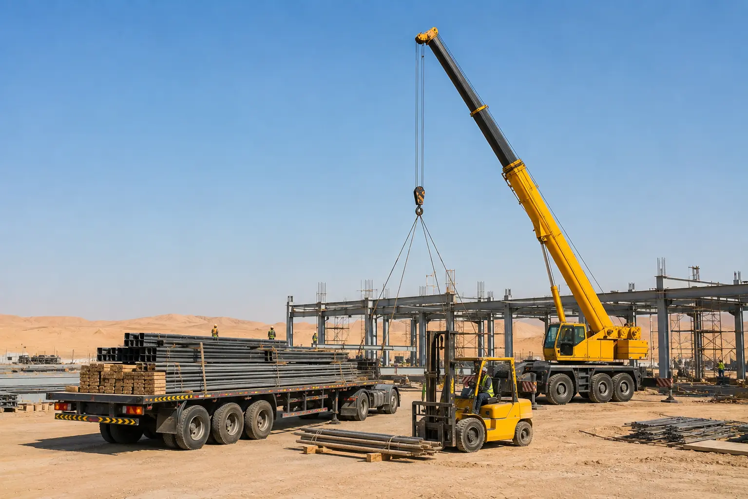 Heavy equipment rental UAE - cranes, forklifts and trailers at construction site
