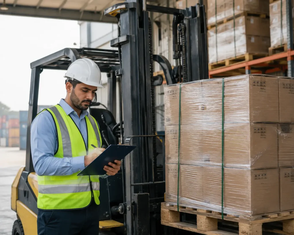 Warehouse manager reviewing forklift capacity requirements