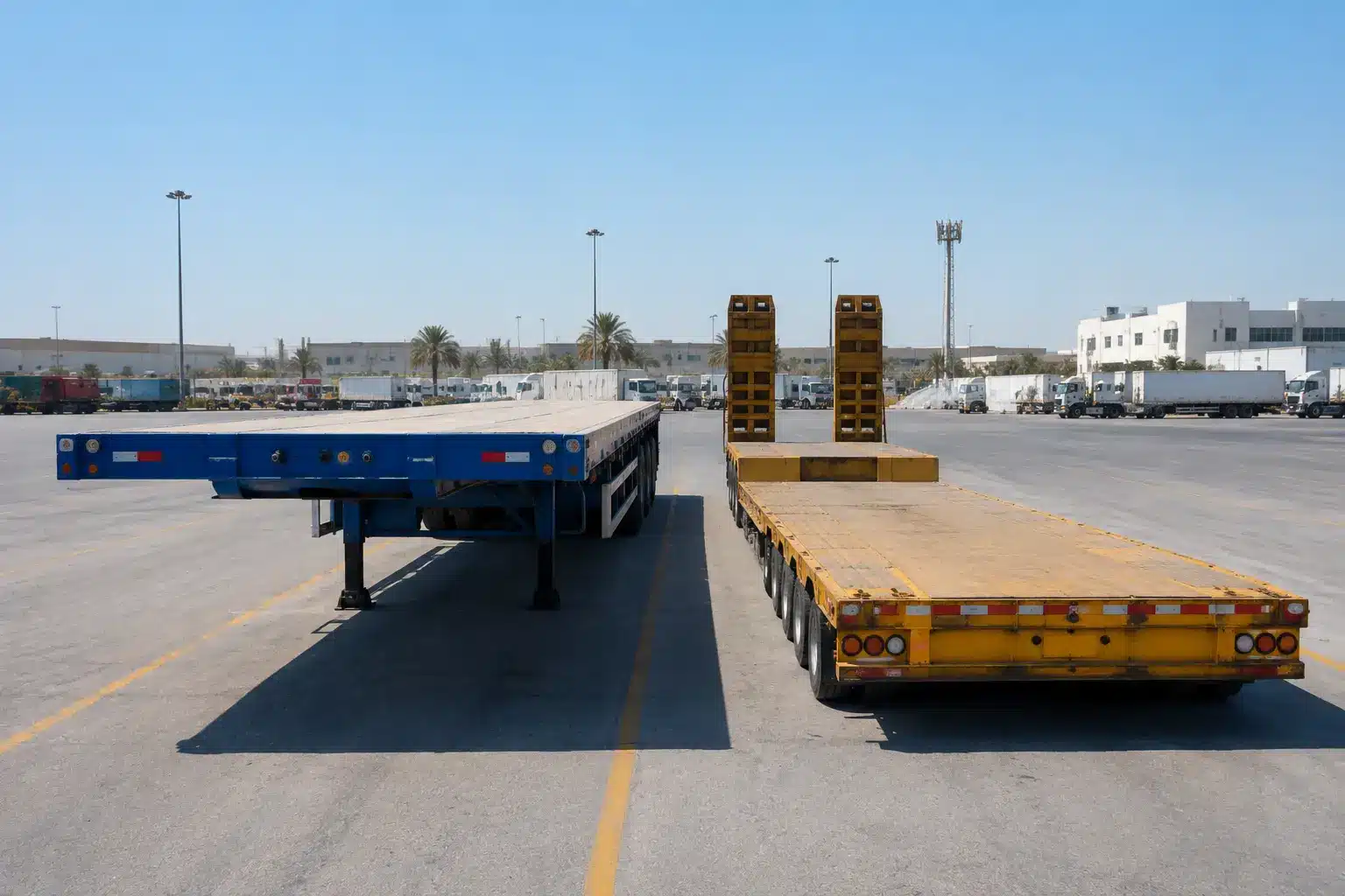 Flatbed vs low bed trailer comparison - UAE trailer rental guide
