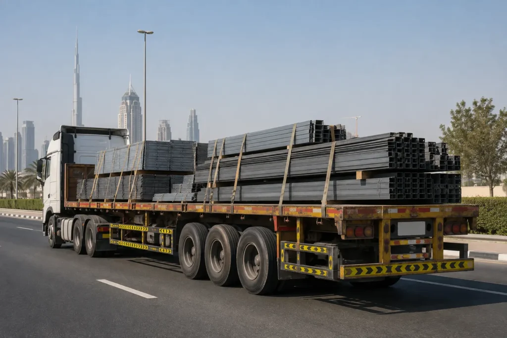 Flatbed trailer transporting construction materials in the UAE