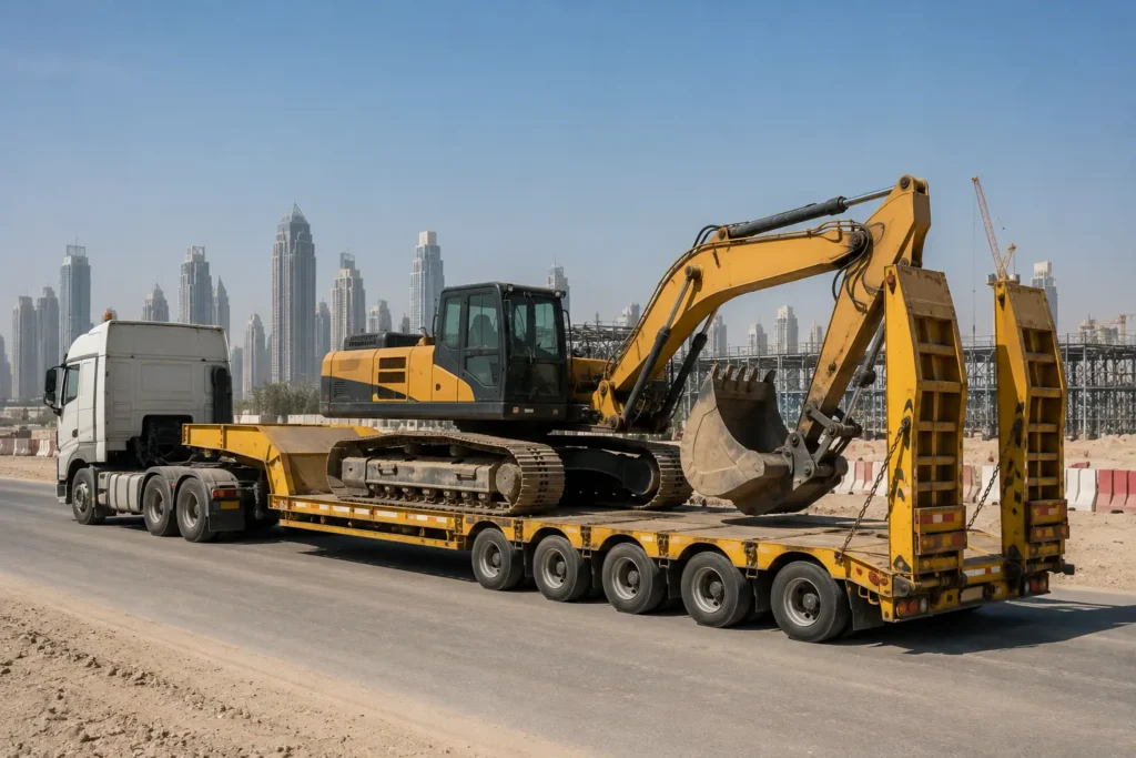 Low bed trailer transporting excavator on UAE road