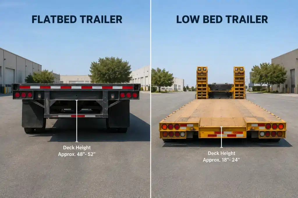 Flatbed trailer vs low bed trailer deck height comparison